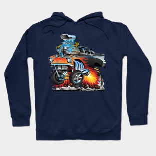 Classic hot rod fifties style gasser drag racing muscle car, red hot flames, big engine, lots of chrome, cartoon illustration Hoodie